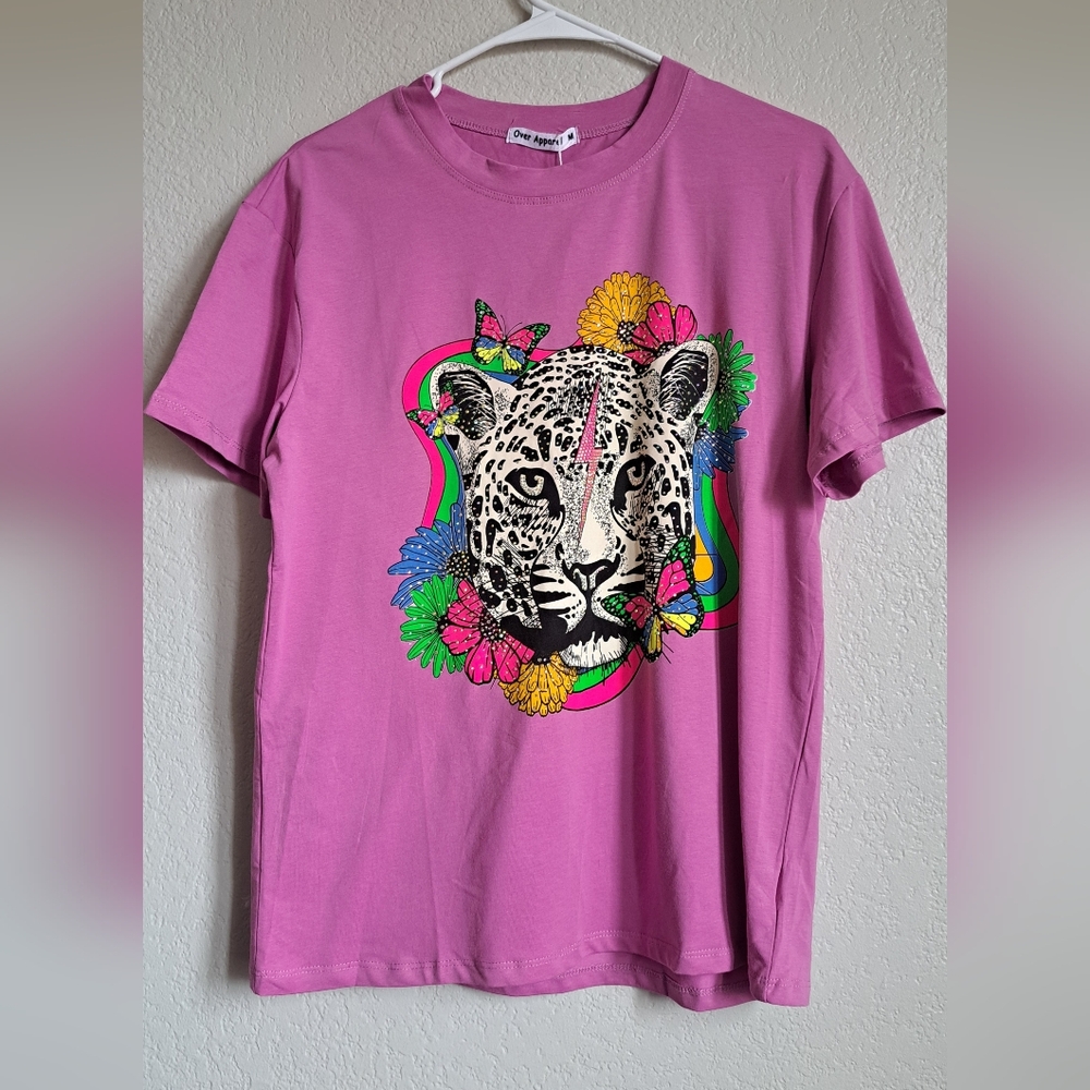 Pink Leapord Sequin Gemstone Rhinestone Tee Size Medium NWT